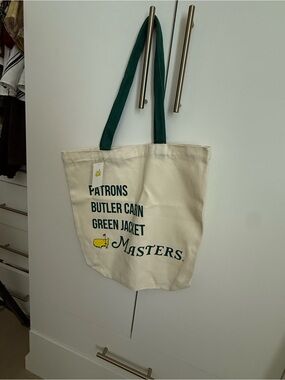New-MASTERS Cream Canvas Tote with Dark Green Handles and Logo